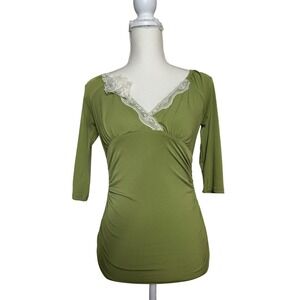 Y2K‎ studio Y Olive Green Lace Trim V Neck 3/4 Sleeve Ruched Top Women's